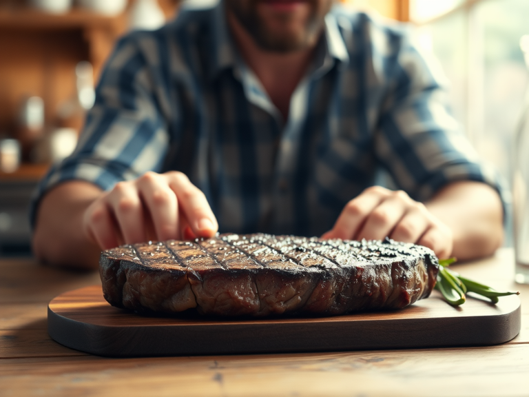 Person holding a fork and knife about to eat a perfectly cooked ribeye steak on a simple plate with no plants or garnishes, focusing solely on carnivore diet in a minimalistic, neutral setting.